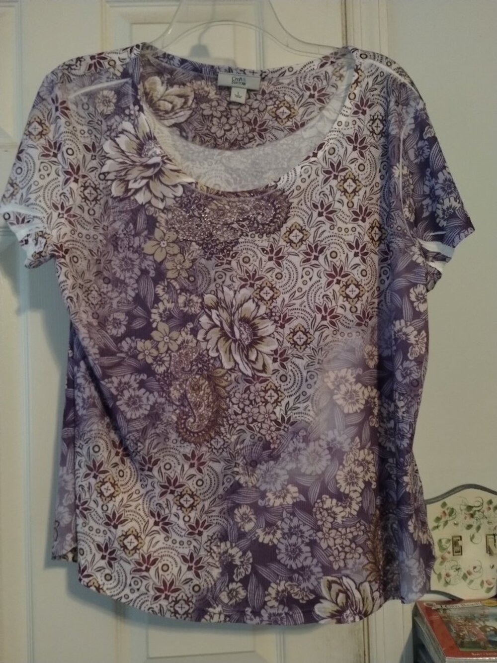 Croft & Barrow women's purple floral print embellished top,size L